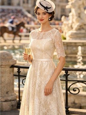 Vintage-Inspired Cream Lace Long Sleeve Dress